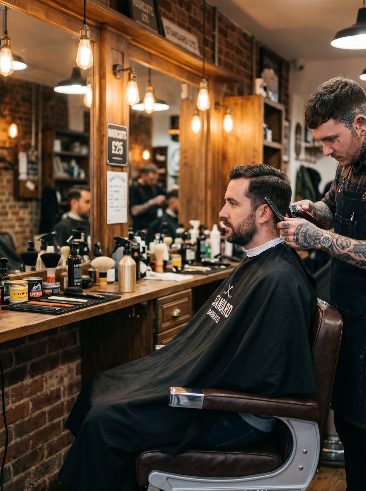 Barber giving a fade haircut to a client in a modern UK barbershop