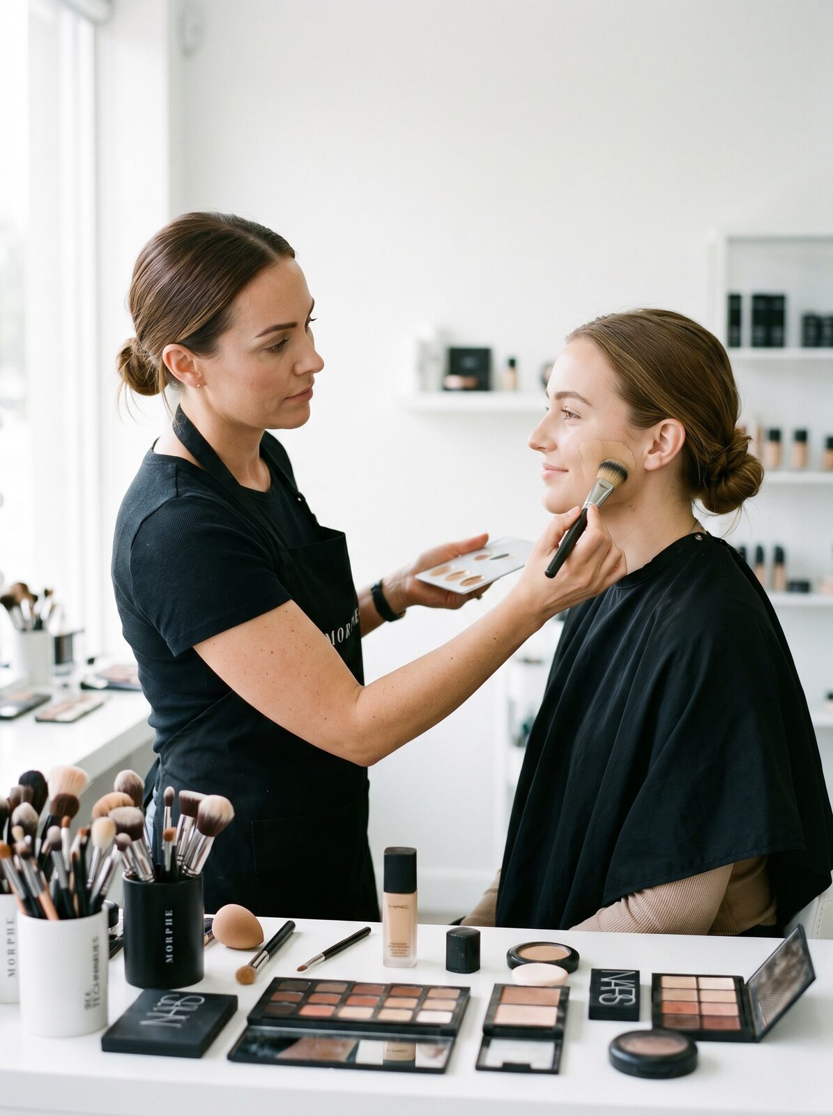 Makeup artist applying eyeshadow to a client in a bright professional studio