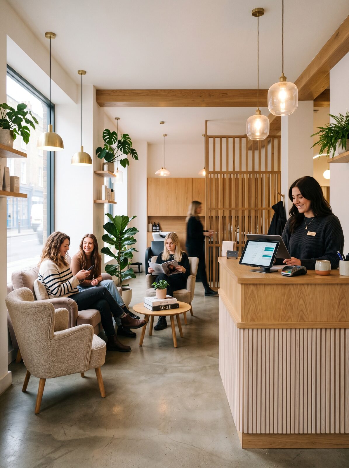 Modern UK salon reception and waiting area with clients seated