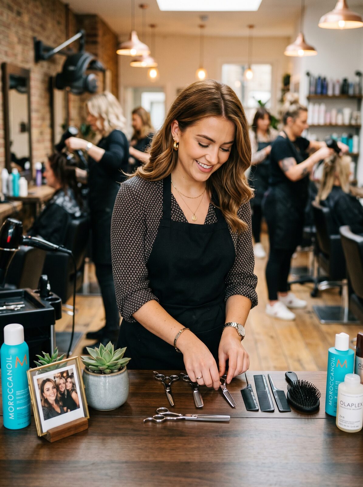 Hair stylist preparing her rented styling station in a busy UK salon