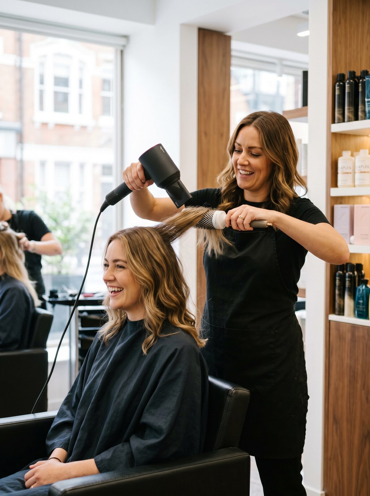 A stylist blow-drying a client's hair in a modern UK salon interior