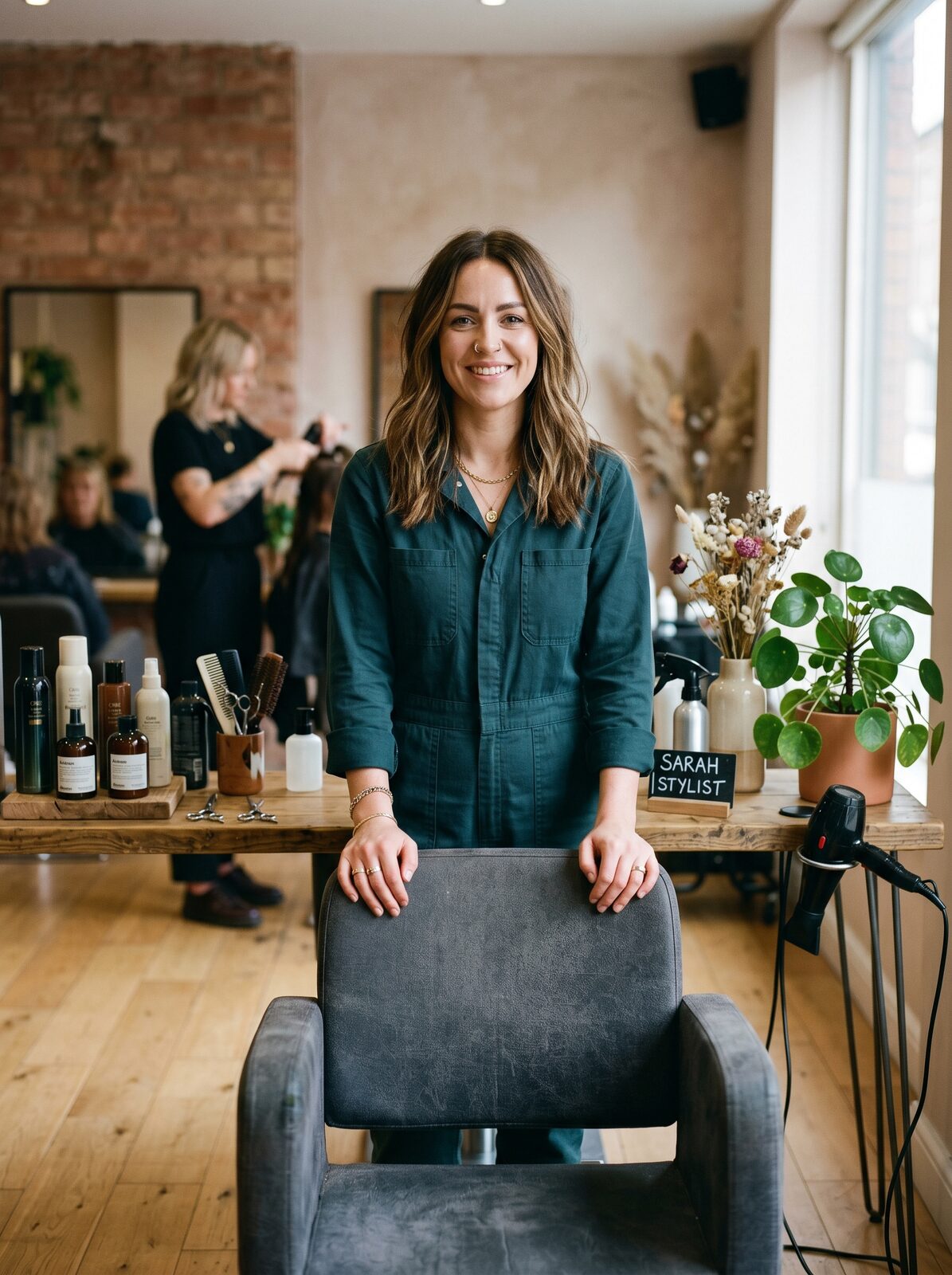 Independent hair stylist at her personal styling station in a modern UK salon